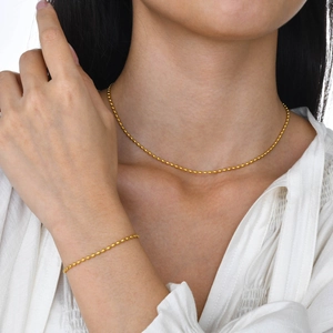 Minimalist 18K gold stainless steel olive bead chain necklace and bracelet jewelry set
