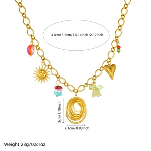 Gold-tone chain necklace with acrylic flower and colorful heart pendants on white background