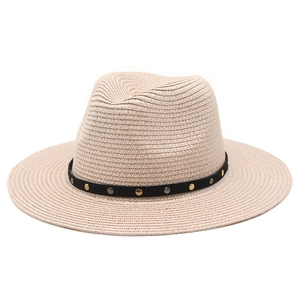 Classic white Panama sun hat with flat brim and studded leather band for summer outdoor style
