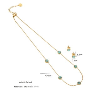 Detailed specs of gold stainless steel jewelry set with turquoise beads and flower palm charms