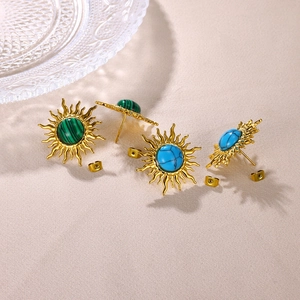 18k gold plated stainless steel sunburst earrings with green and blue stone inlay