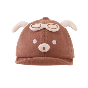 Brown knitted baby baseball cap with cartoon goggles and 3D ears for infants
