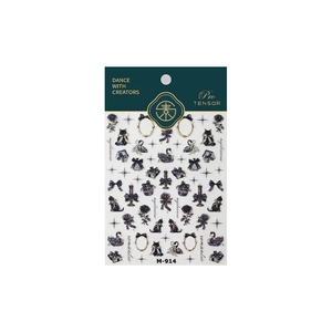 Dark romantic nail art stickers M-914 featuring black cat, rose and vintage frames