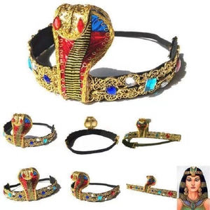 Detail view of golden Cleopatra snake headpiece with red and blue gemstones for cosplay