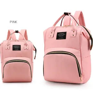 Pink Oxford cloth mom backpack set with large capacity bottle pockets and top handles