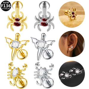 Clou de Lèvre en Titane ASTM F136 Filetage Interne Araignée Scorpion Dague Ailée Strass Bijoux de Piercing Oreille