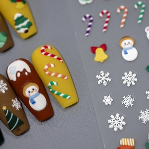 Stickers ongles 3D en relief avec flocons de neige et bonhommes de neige pour nail art Noël