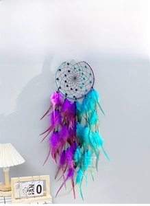 Detailed shot of dual-tone dreamcatcher with gradient feathers and purple beads