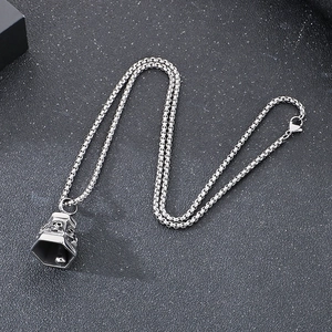 Punk style stainless steel hexagon skull bell pendant with a sturdy silver metal chain