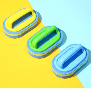 Three colorful sponge brushes with handles for kitchen and bathroom cleaning tasks