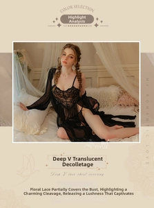 Detailed view of black floral lace embroidery on sheer nightgown and matching cover-up