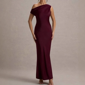 Women One Shoulder Maxi Dress Elegant Sleeveless Backless Slim Fit Formal Party Evening Gown Solid Wine Red
