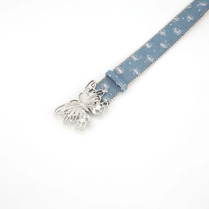 Blue denim canvas belt for women with silver butterfly buckle and sparkling sequins