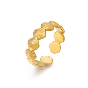 Minimalist 18K gold plated stainless steel open ring with a detailed seashell design