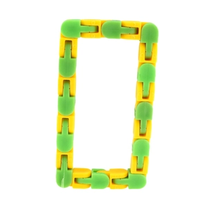 Detail of yellow and green wacky tracks puzzle toy shaped into a rectangular frame