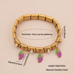 Gold stainless steel bracelet with purple grape pendant and white crystal charms