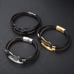 Trois bracelets multicouches en cuir pour hommes avec fermoirs en acier noir or et argent
