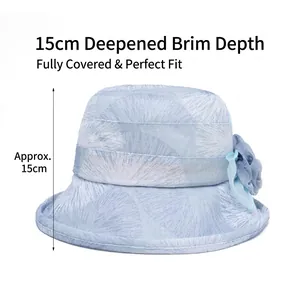 Breathable floral mesh sun hat for women with 15cm deep foldable brim in light blue