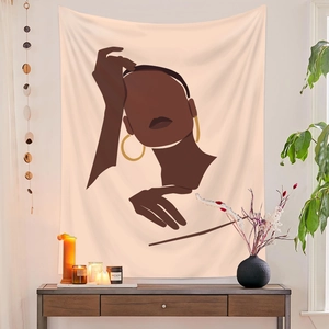Moderner abstrakter Wandteppich mit Frauensilhouette und goldenen Ohrringen