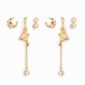 Star and moon 18K gold plated earring set with pink zircons and planetary charms