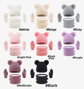 Detail view of winter knit set including hat, scarf, and touchscreen gloves in eight colors