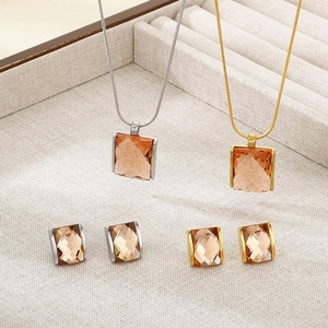 Retro square glass stone pendant necklace and earrings set in gold and silver finish