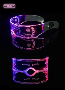Detail view of dual-control cyberpunk LED glasses with purple lights and scale markings