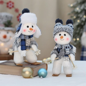 Set of two blue fabric skiing snowman dolls for luxury Christmas home decorations