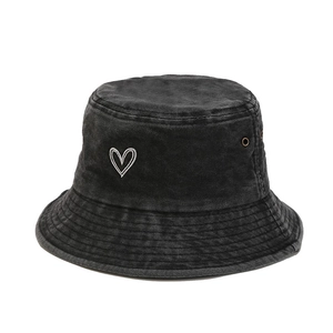 Vintage washed black cotton bucket hat with heart embroidery and breathable metal eyelets