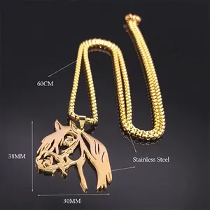 Golden stainless steel horse head pendant necklace with 60cm square pearl chain