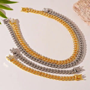 Iced-out Cuban link chain necklace and bracelet set with cubic zirconia in gold and silver