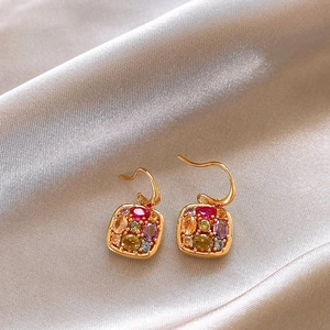 18k gold plated colorful square gemstone drop earrings on champagne satin