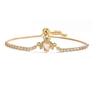 18K gold-plated adjustable bracelet featuring a zircon-encrusted bee and butterfly charm