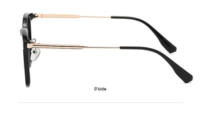 Side view of square black frame glasses with premium gold metal temples and sharp details