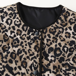 Retro leopard print quilted jacket for women with black trim and snap button collar