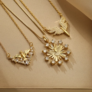 Angel Wing Pendant Necklace Gold Plated Copper With Zircon Sparkly Clavicle Chain Minimalist Jewelry For Women