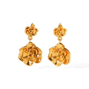 Elegant 18K gold-plated stainless steel double-layered rose flower drop earrings