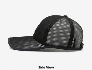 Side view of black breathable mesh baseball cap with adjustable metal buckle closure