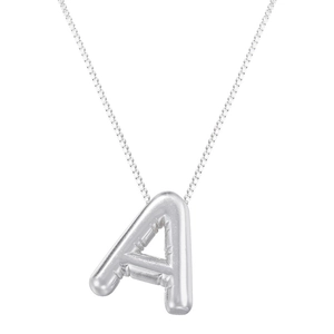Macro detail of silver balloon letter A pendant necklace with high-polished metallic finish