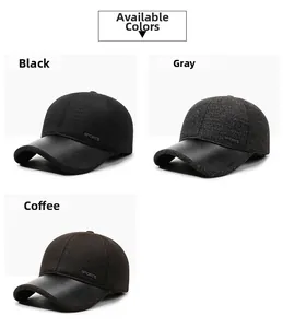 Men's baseball caps in black, grey, and coffee colors with tweed texture and leather brim