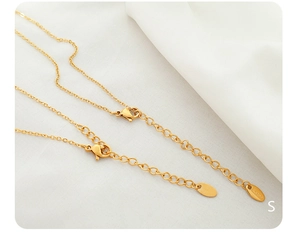 Detailed close-up of the gold lobster clasp and extension chain on stainless steel necklace