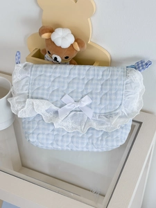 Blue plaid quilted crossbody bag with white lace trim and bow for a sweet girl aesthetic
