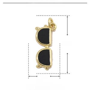 Technical drawing of a gold and black enamel sunglasses pendant with size dimensions