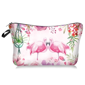 Polyester flamingo cosmetic bag with pink floral patterns and black zipper closure