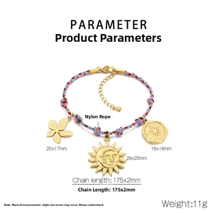 Detailed parameter view of woven rope bracelet with gold sun and leaf charms