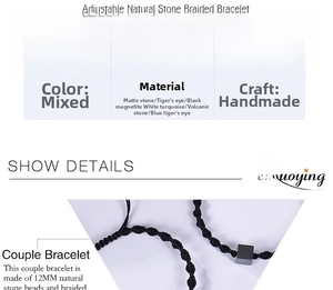 Detail showing 12mm square black magnetite stone on a hand-woven adjustable cord bracelet