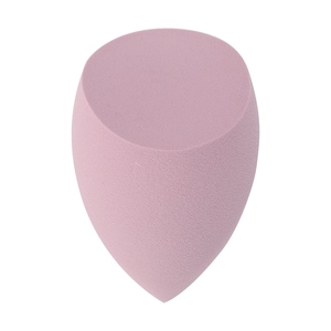 Close-up of a pink non-latex beauty blender sponge with a teardrop cut design for makeup