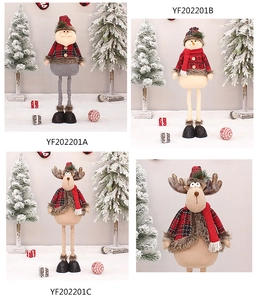 Detail view of telescopic Christmas dolls with red plaid outfits and faux fur trim