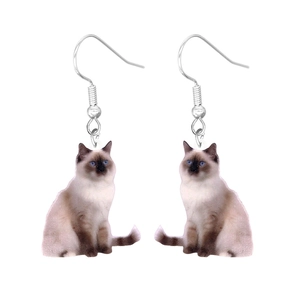 Detail of cute Siamese cat printed acrylic earrings with silver-tone metal hooks