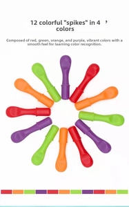 Close-up of 12 colorful plastic pegs in red, green, orange, and purple for hedgehog toy